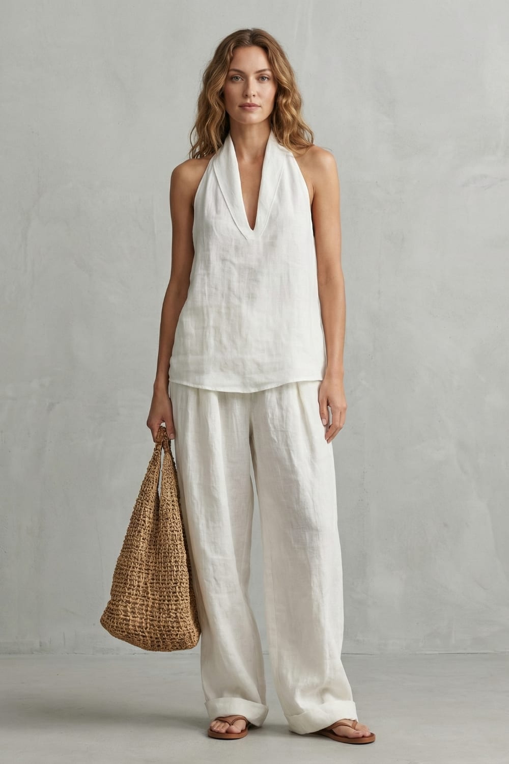 Women's Cotton-Blend Halter Top and Wide-Leg Pants Set - Demi