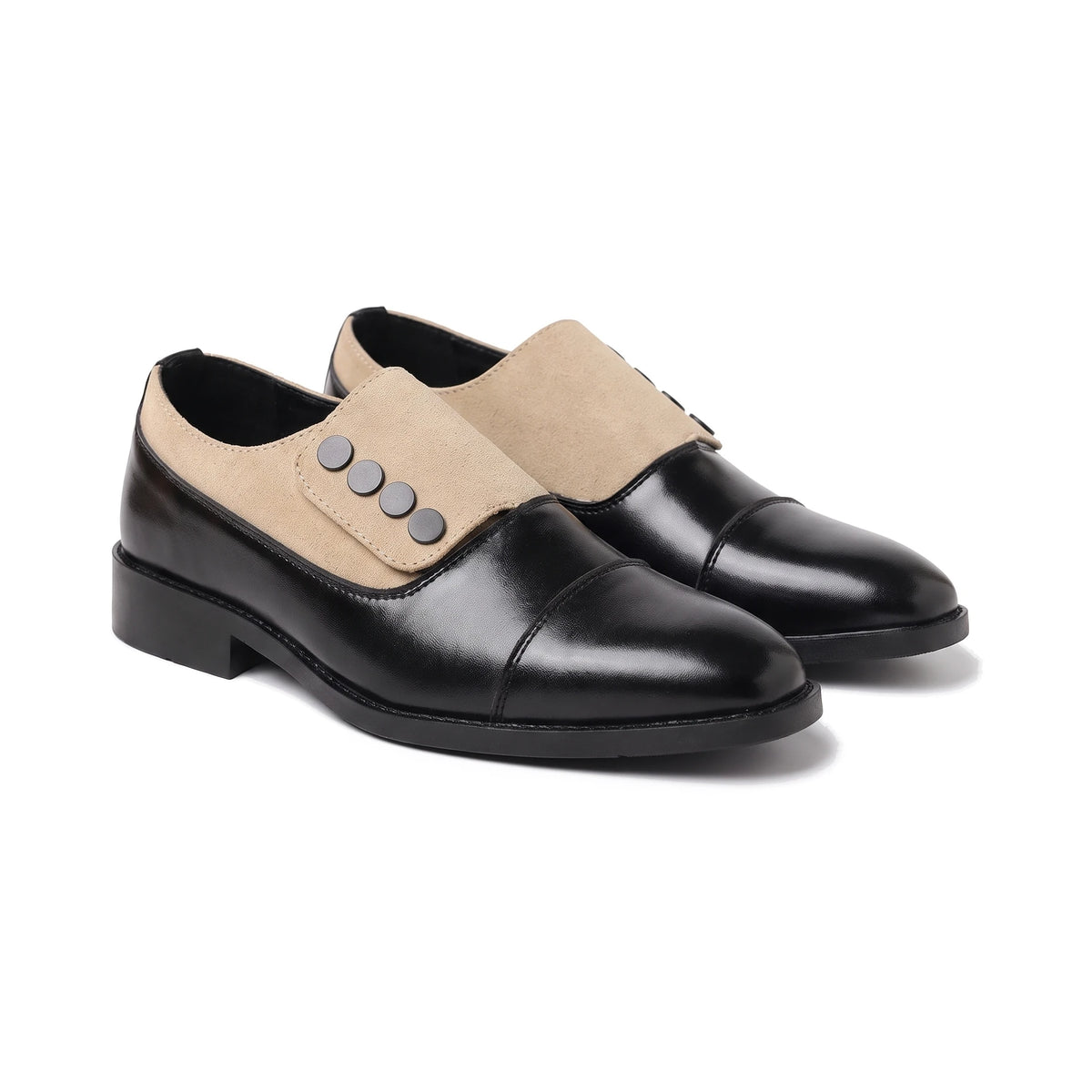 Men's Cap-Toe Button Panel Dress Shoes - Roderick - Black & Beige