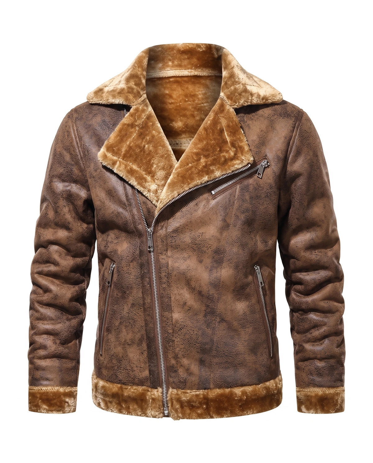 Men's Faux Shearling Biker Jacket - Julius - Brown