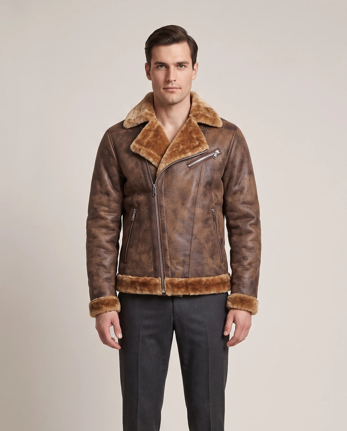 Men's Faux Shearling Biker Jacket - Julius - Model Front