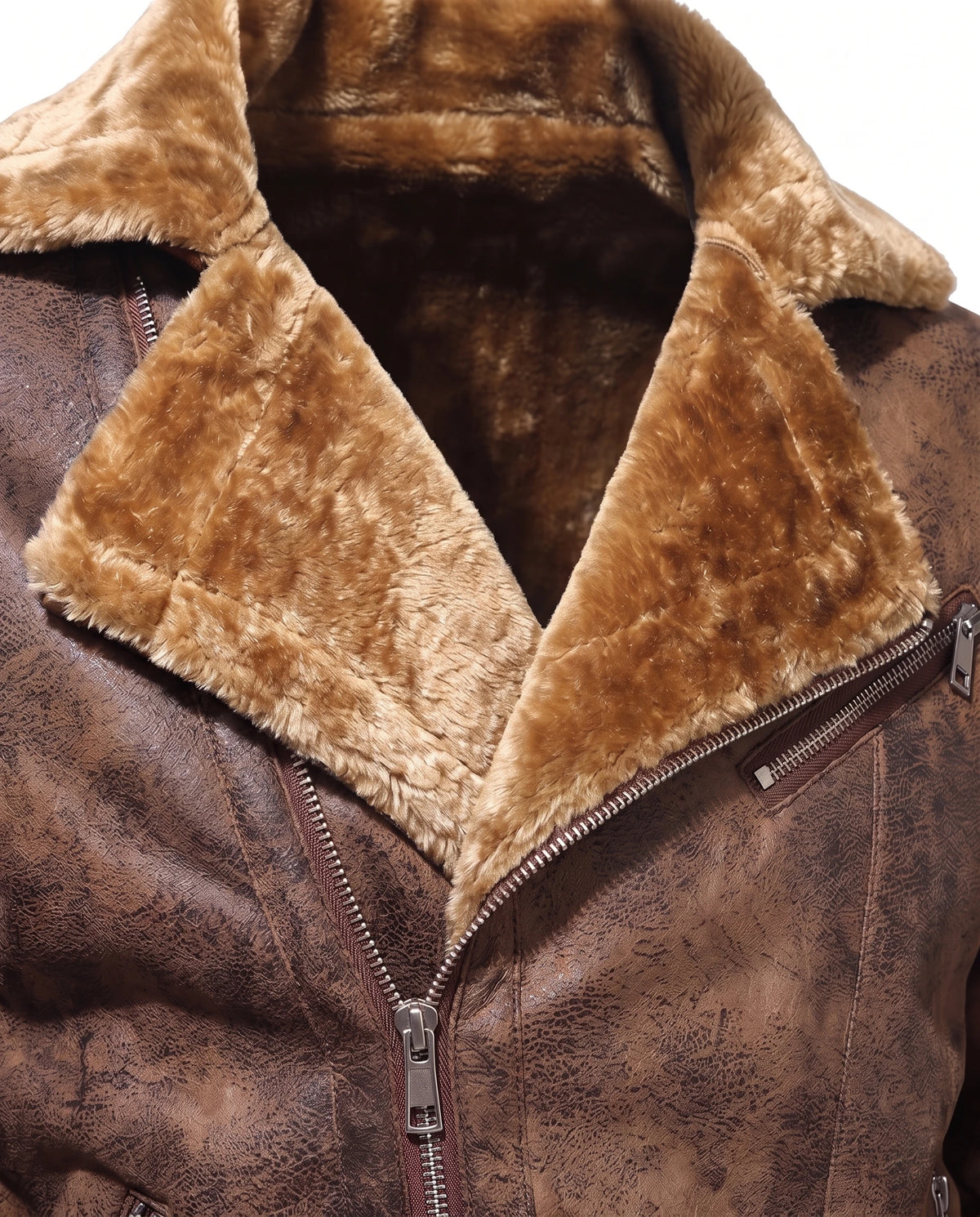 Men's Faux Shearling Biker Jacket - Julius - Shearling Collar and Diagonal Zip Detail