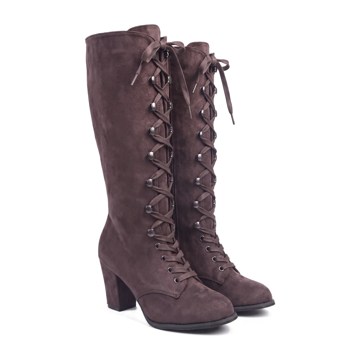 Women's Faux Suede Lace-Up Knee-High Boots - Kalypso - Brown