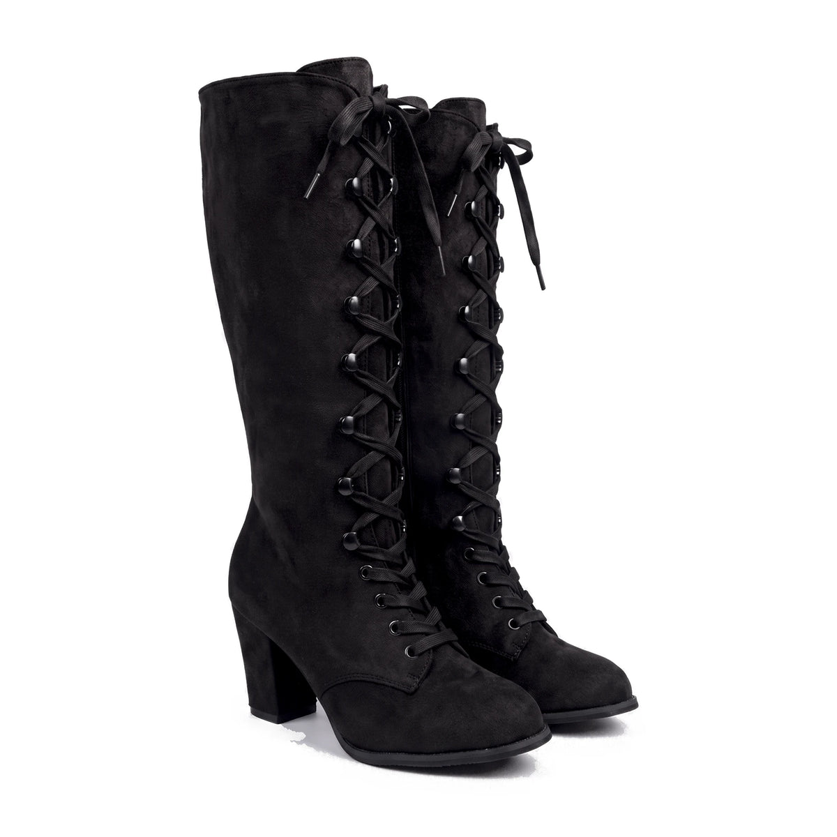Women's Faux Suede Lace-Up Knee-High Boots - Kalypso - Black