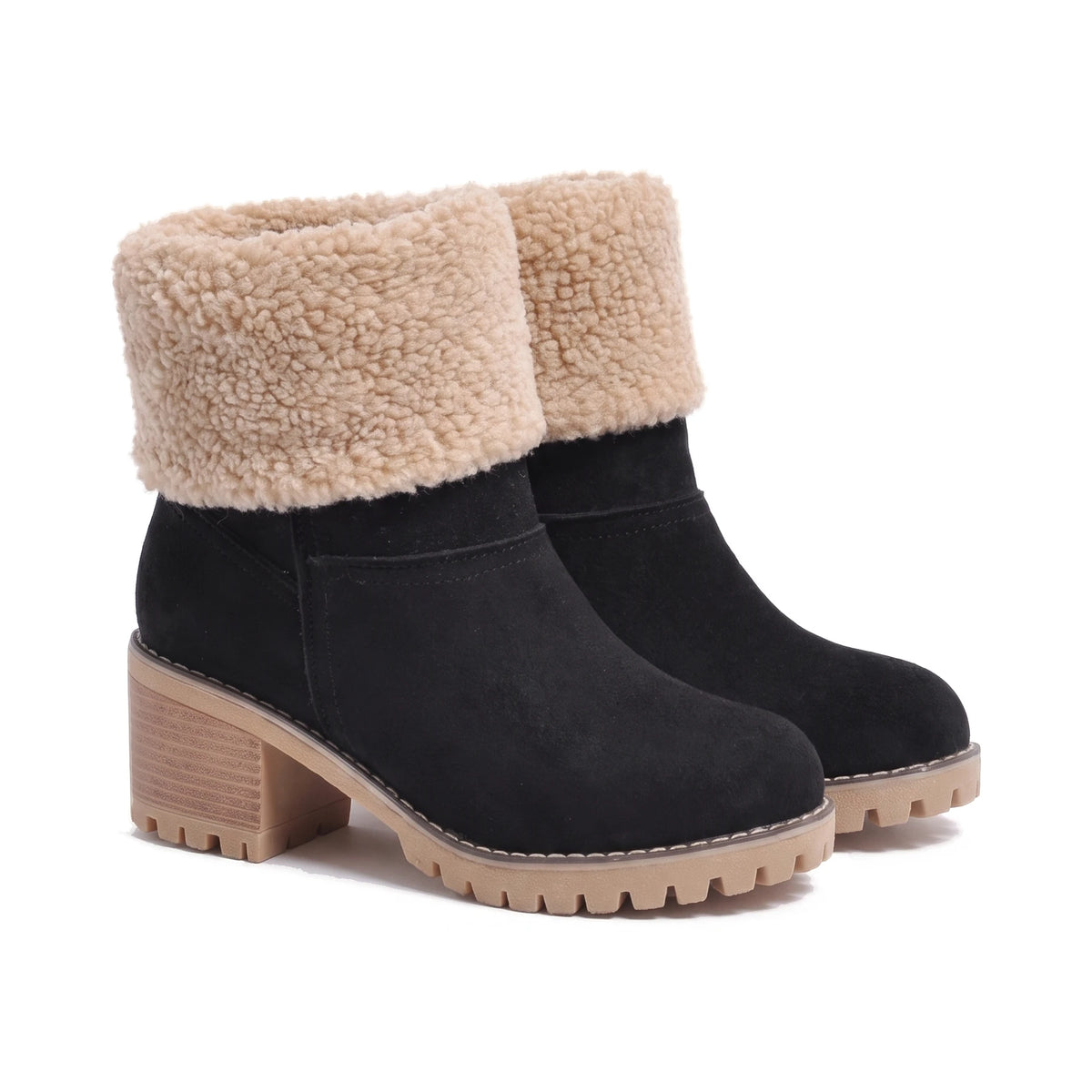 Women's Faux Suede Sherpa-Cuff Ankle Boots - Sabina - Black