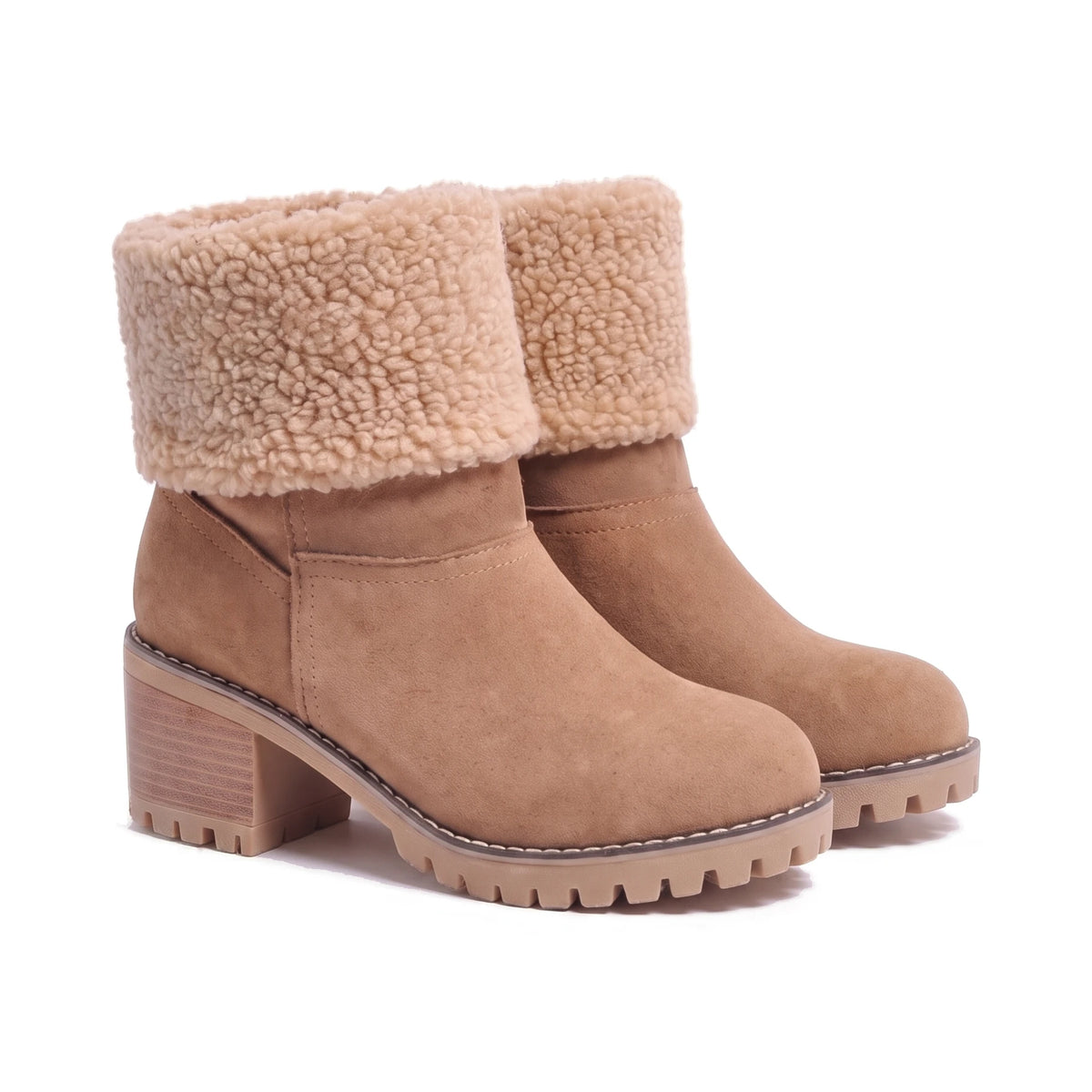 Women's Faux Suede Sherpa-Cuff Ankle Boots - Sabina - Camel