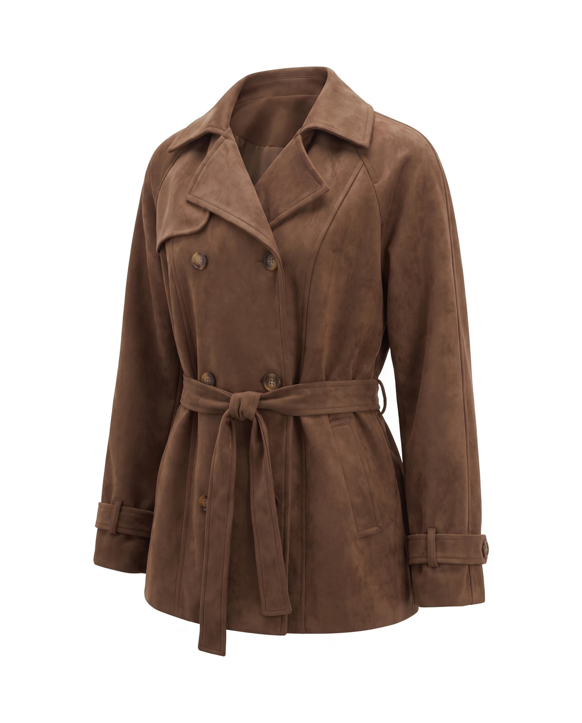 Women's Faux Suede Short Trench Coat - Ashlyn - Three-Quarter View