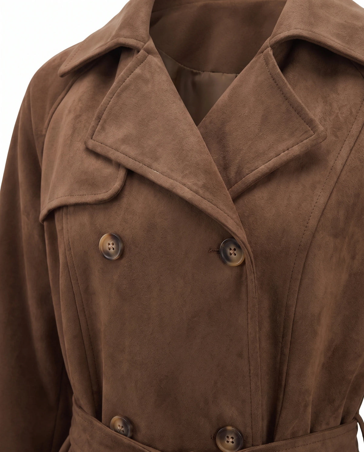 Women's Faux Suede Short Trench Coat - Ashlyn - Detail Lapel and Storm Flap