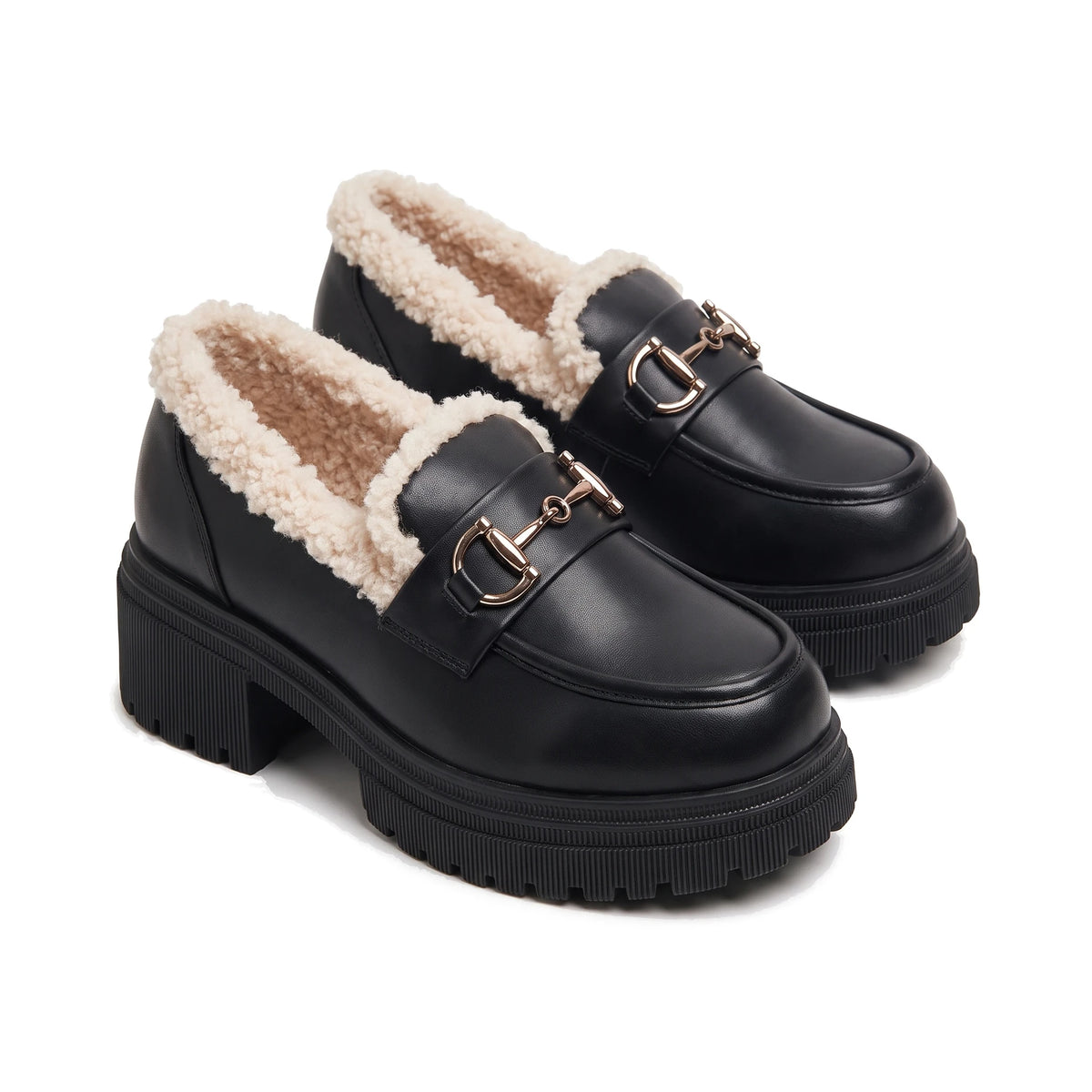 Women's Fleece-Lined Platform Loafers - Marcia - Black