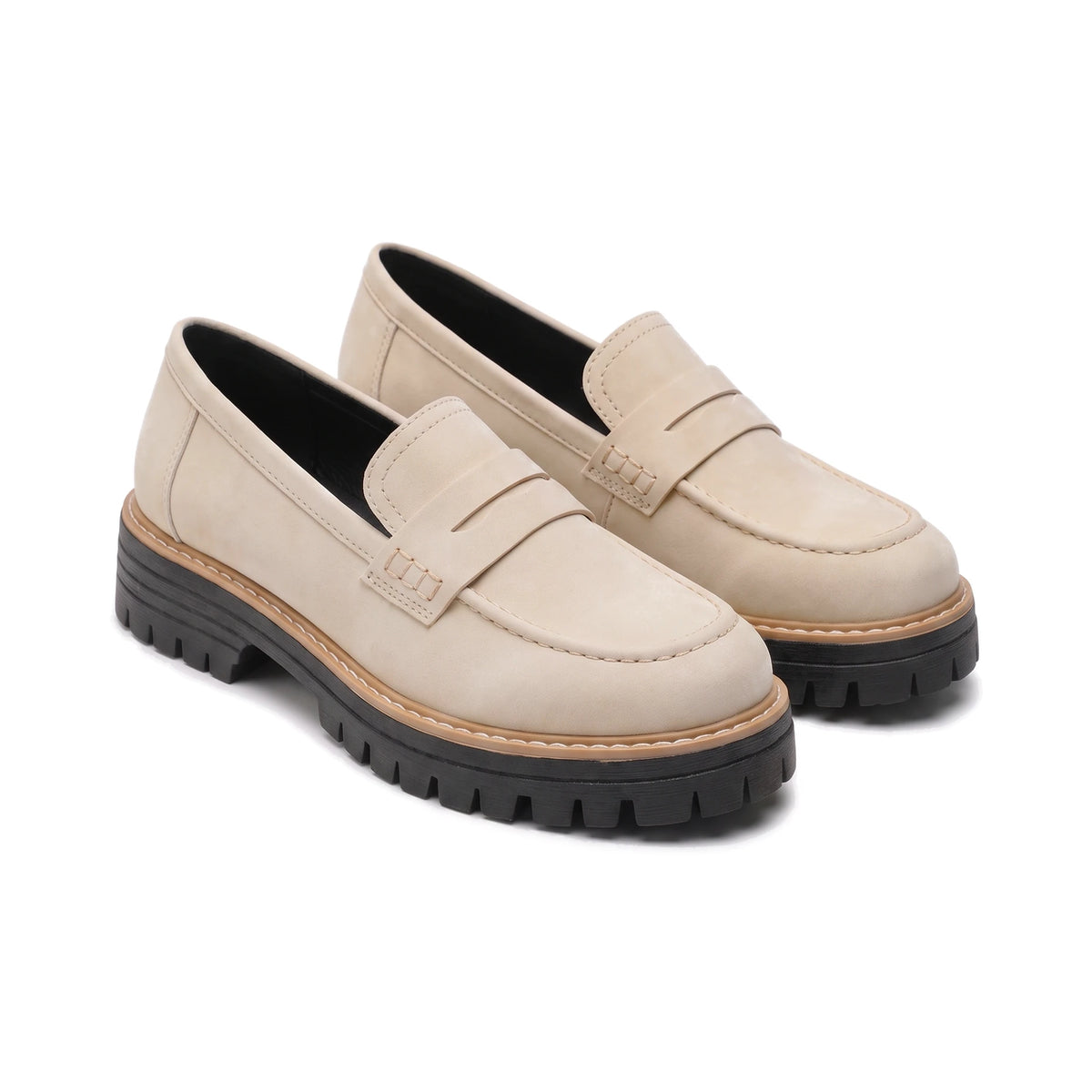 Women's Lug-Sole Penny Loafers - Jutta - Cream