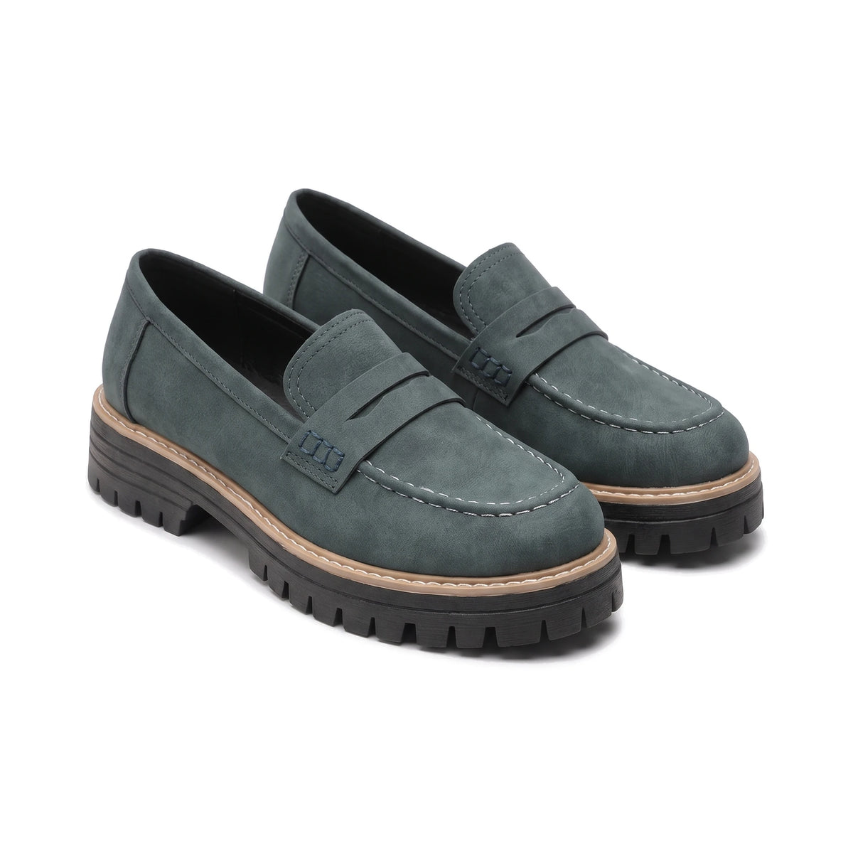 Women's Lug-Sole Penny Loafers - Jutta - Dark Green