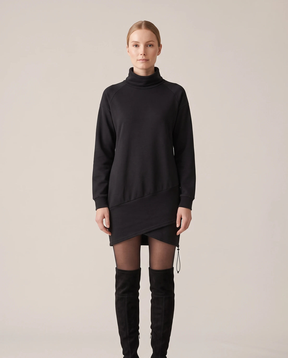 Women's Wrap-Hem Turtleneck Fleece Dress - Cornelia - Model Front