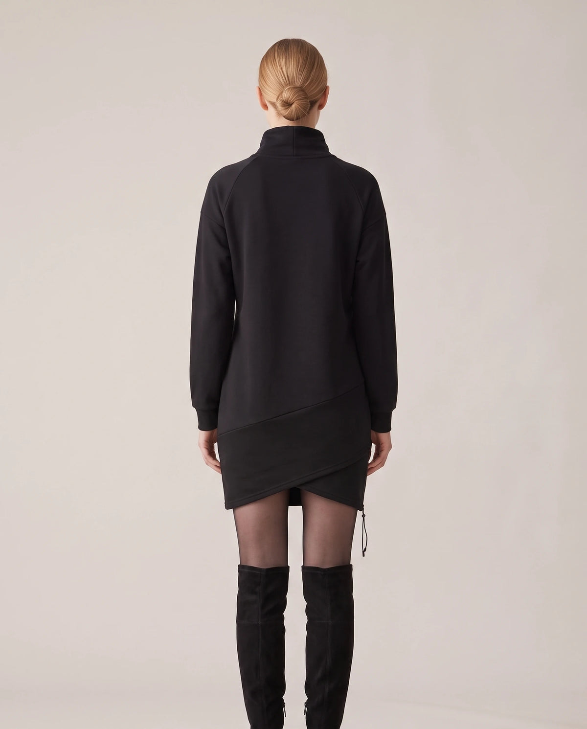 Women's Wrap-Hem Turtleneck Fleece Dress - Cornelia - Model Back