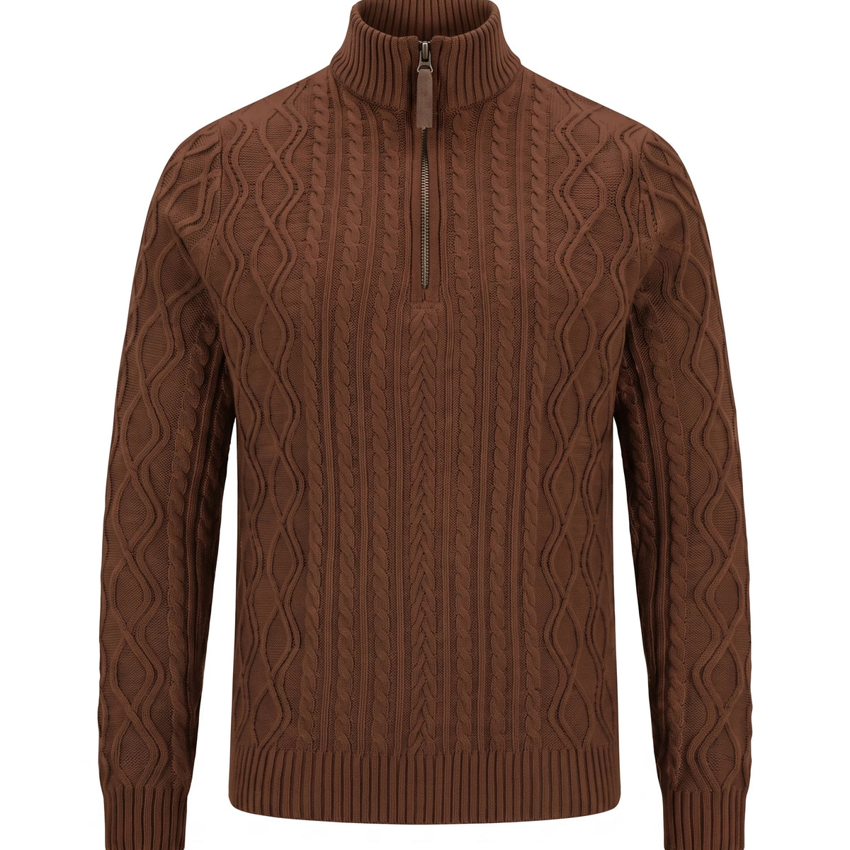 Men's Cable-Knit Quarter-Zip Sweater - Zermatt - Brown