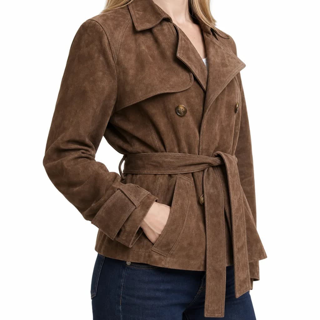 Women's Faux Suede Cropped Trench Coat - Ashlyn