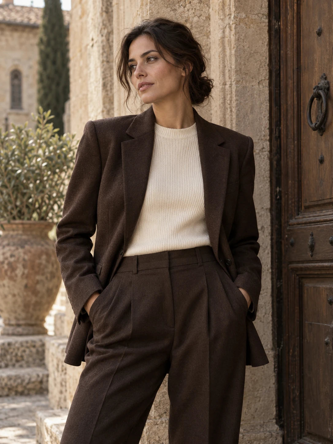 Woman wearing a chocolate tailored blazer and matching trousers