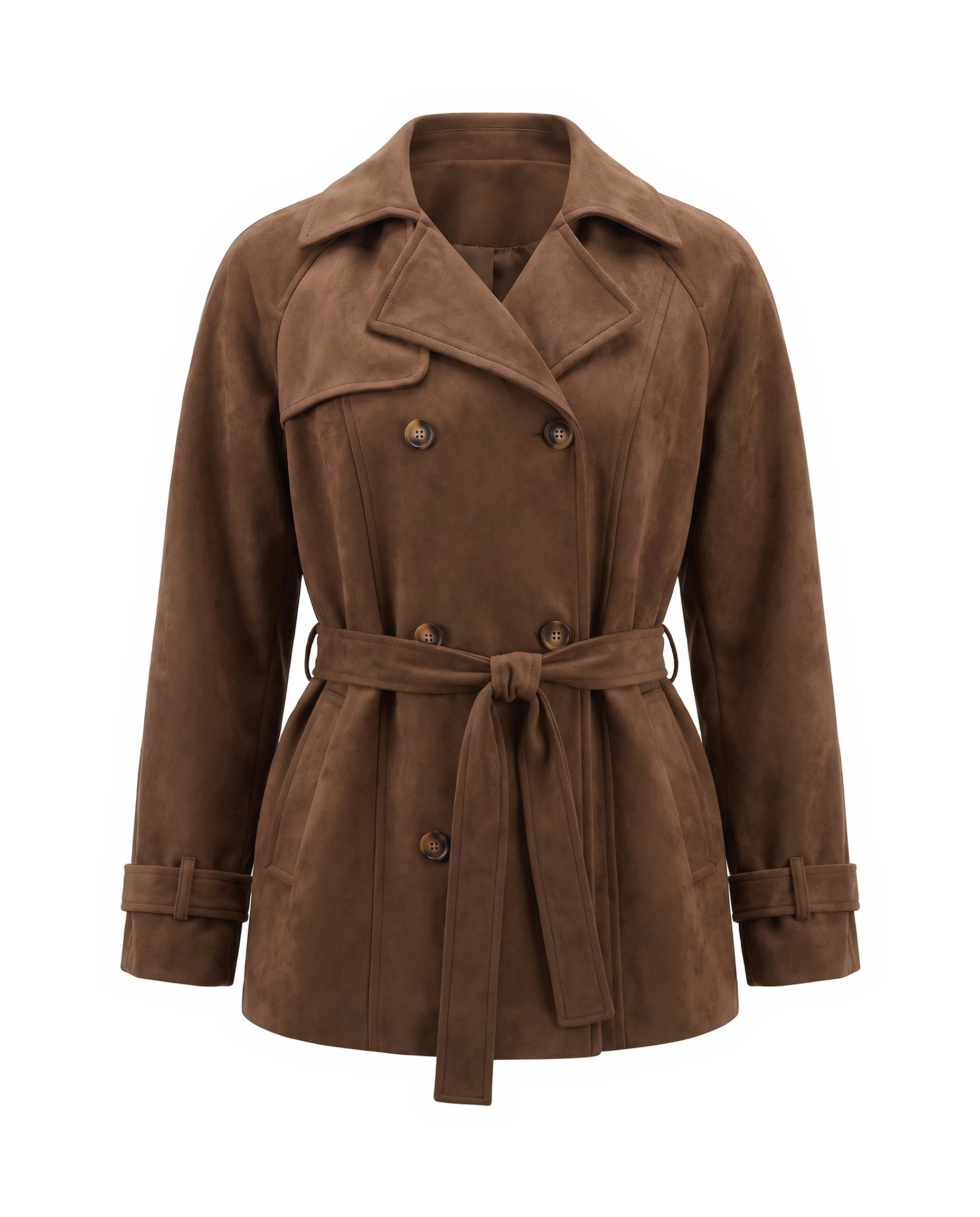 Women's Faux Suede Short Trench Coat - Ashlyn - Brown