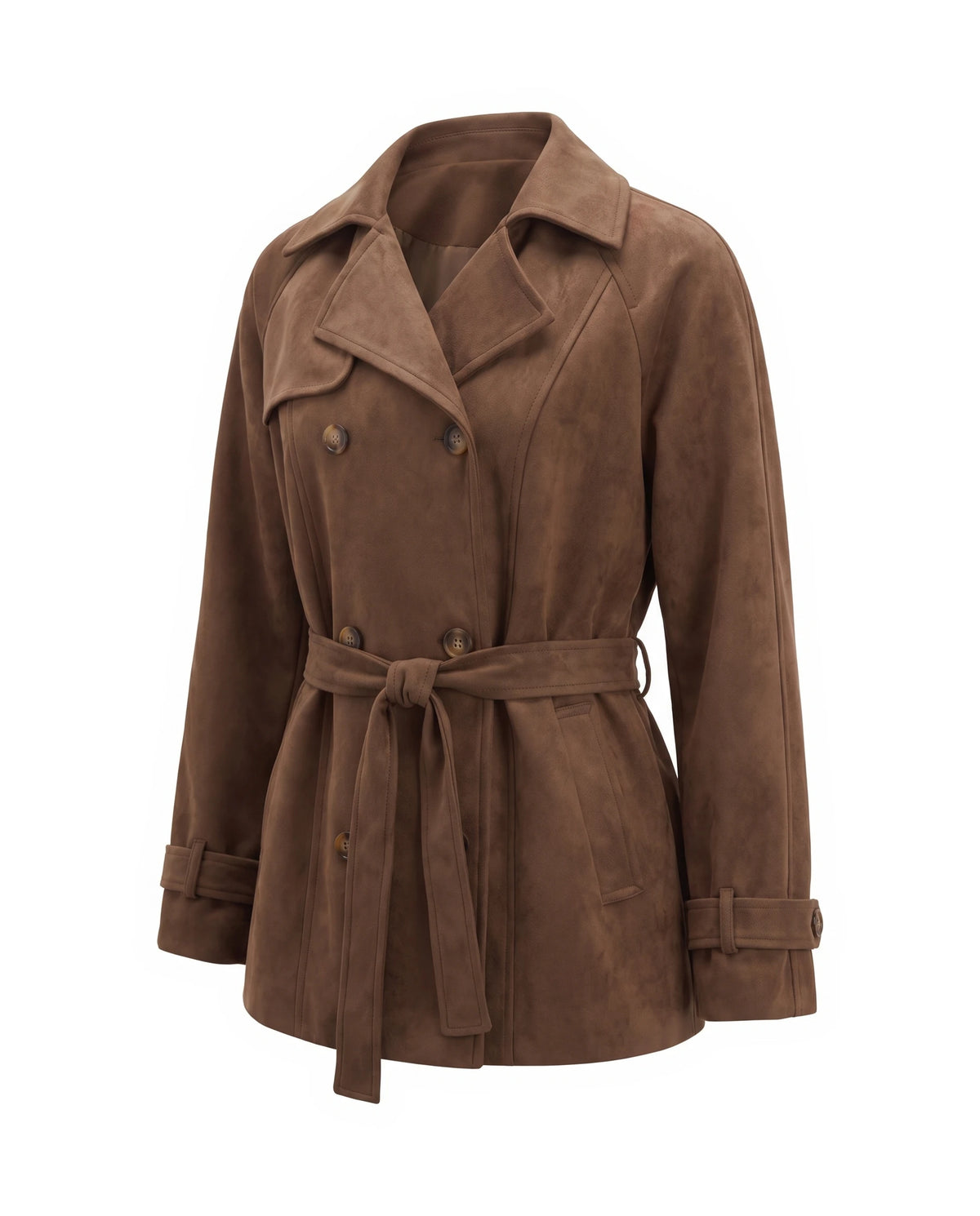 Women's Faux Suede Short Trench Coat - Ashlyn - Three-Quarter View