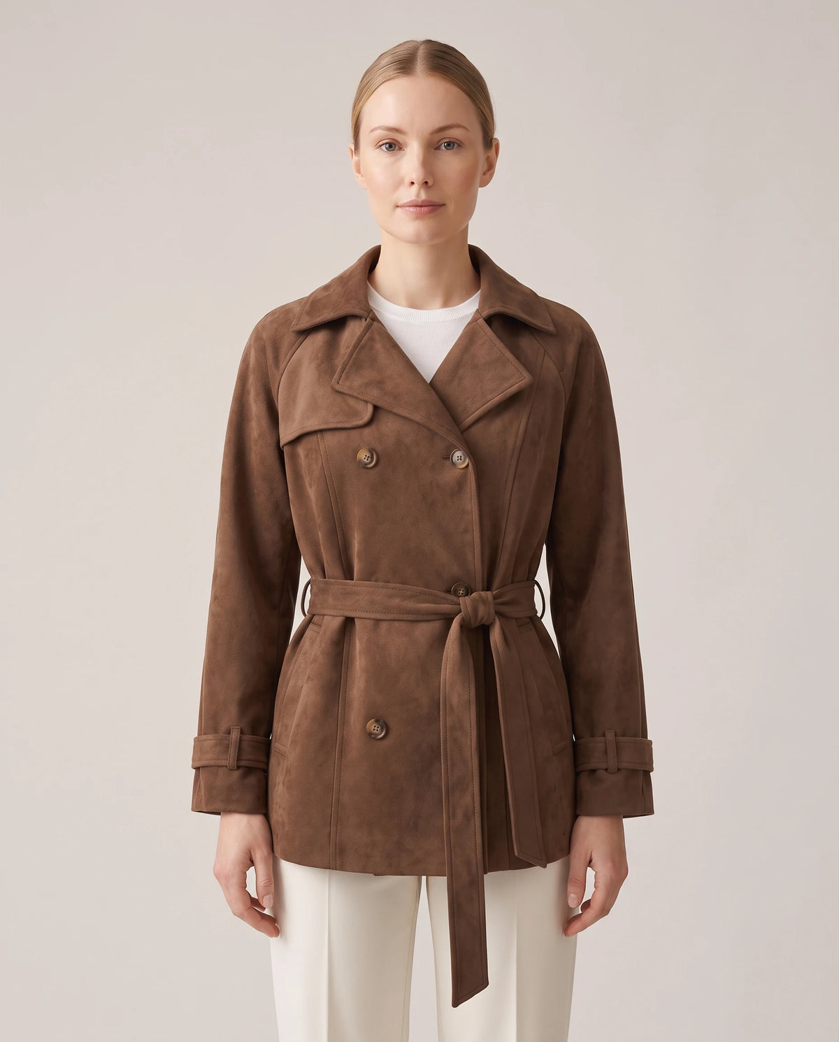 Women's Faux Suede Short Trench Coat - Ashlyn - Model Front View