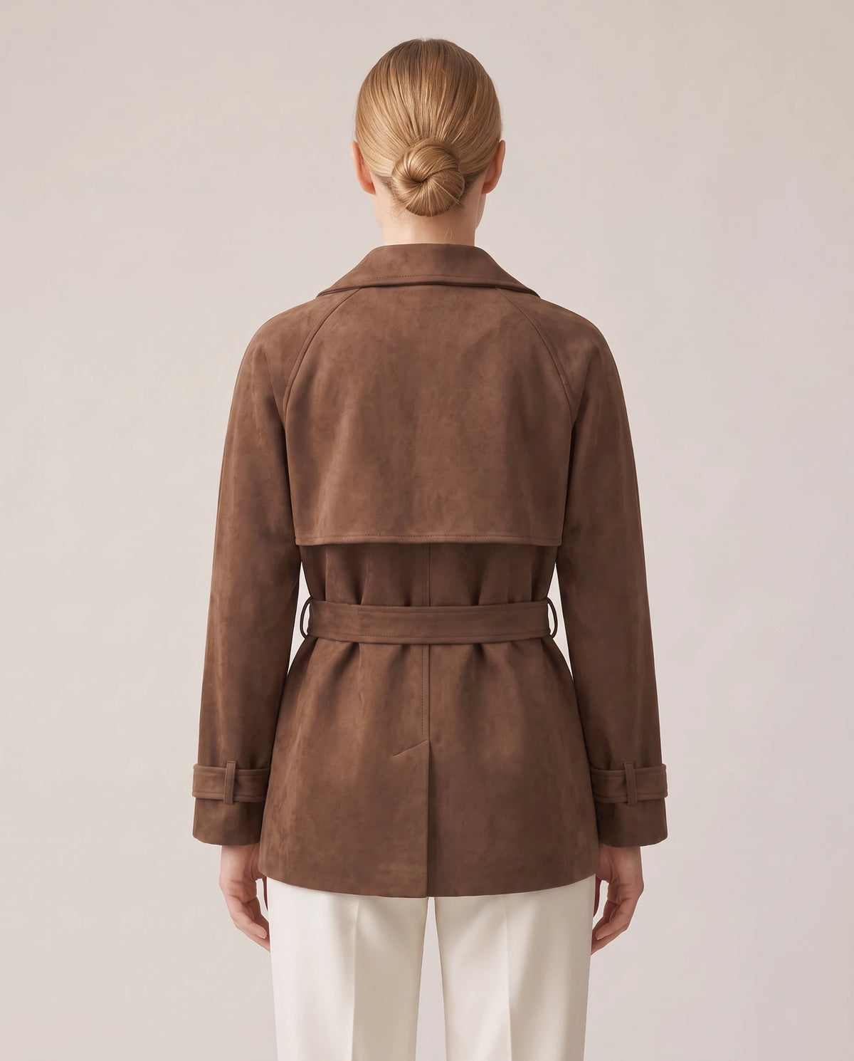 Women's Faux Suede Short Trench Coat - Ashlyn - Model Back View