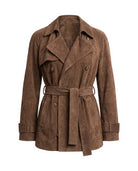 Women's Faux Suede Cropped Trench Coat - Ashlyn - Brown