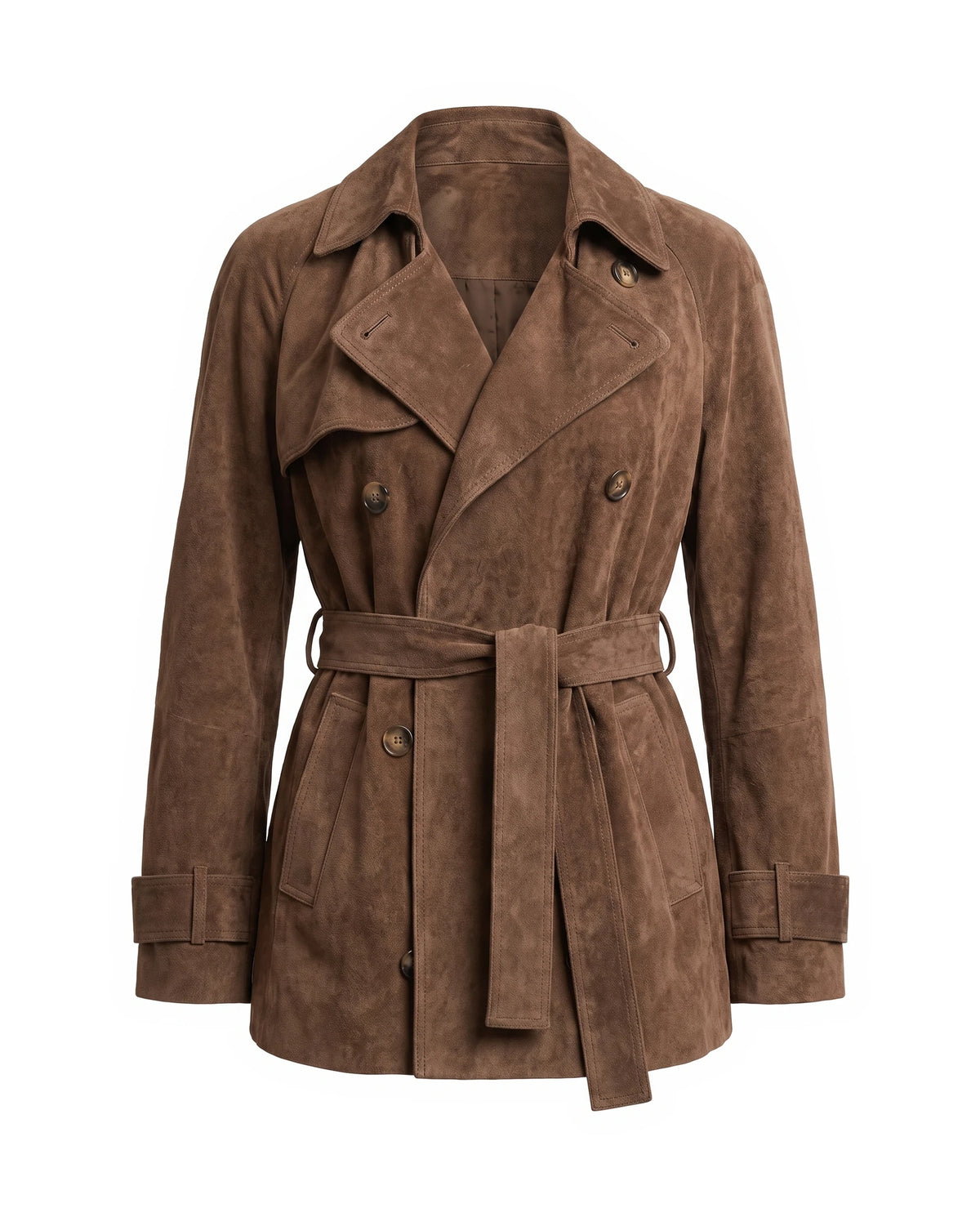 Women's Faux Suede Cropped Trench Coat - Ashlyn - Brown