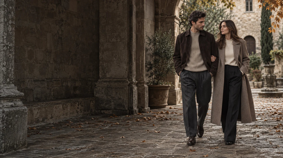 A couple in warm autumn layers in a stone courtyard