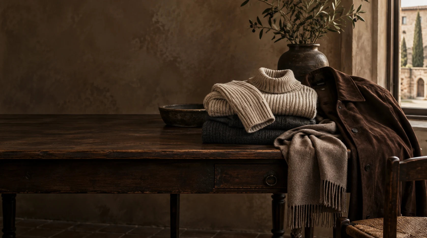 Textured knitwear, suede and a scarf in warm autumn tones