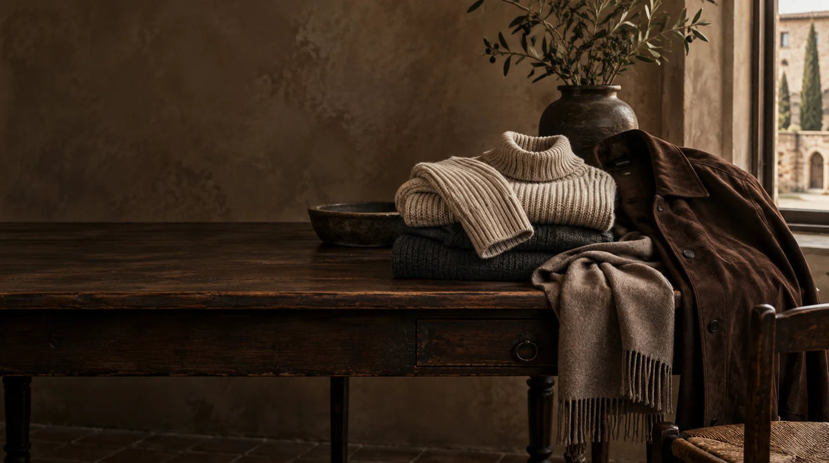 Textured knitwear, suede and a scarf in warm autumn tones