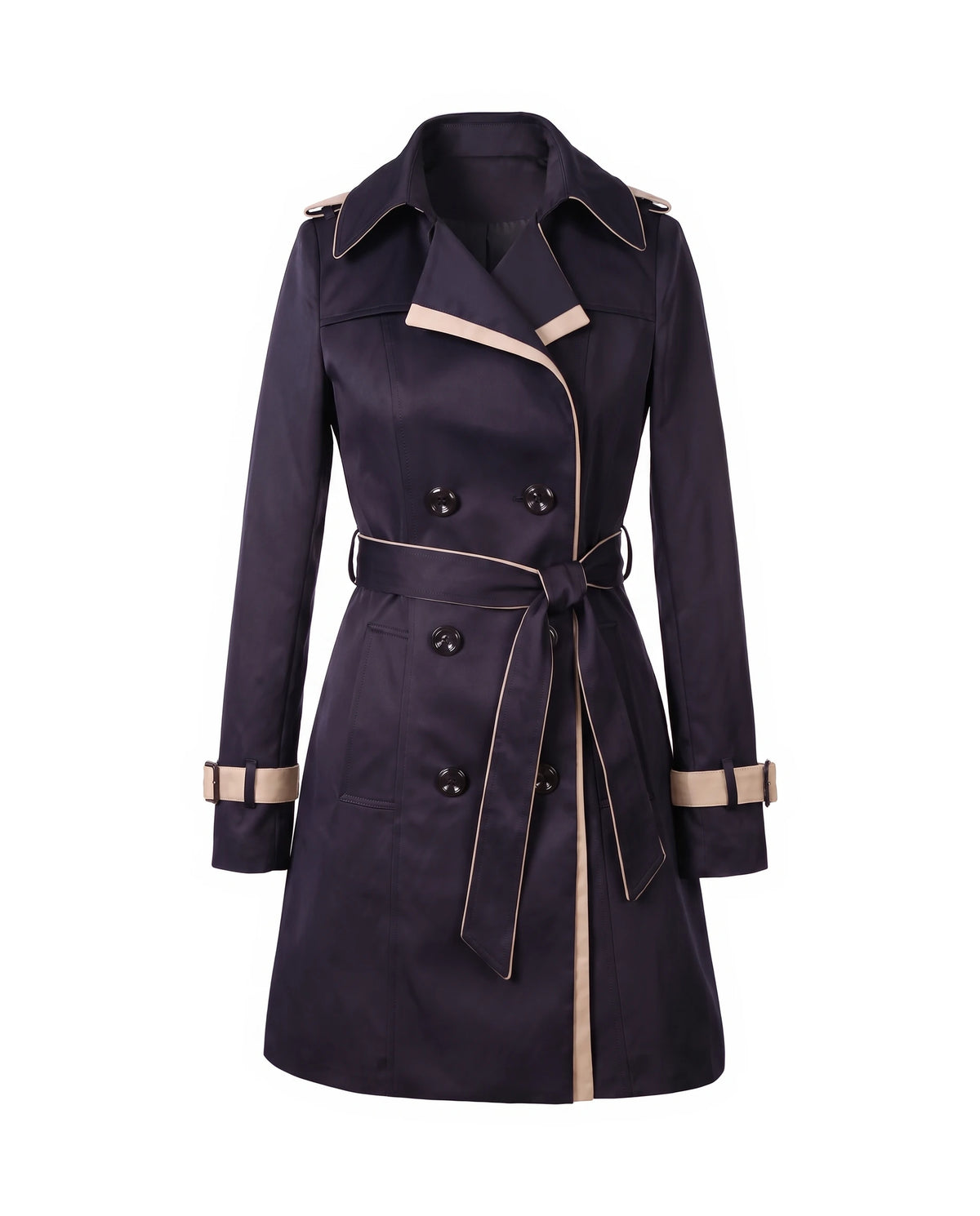 Women's Contrast-Trim Double-Breasted Trench Coat - Bridget - Navy