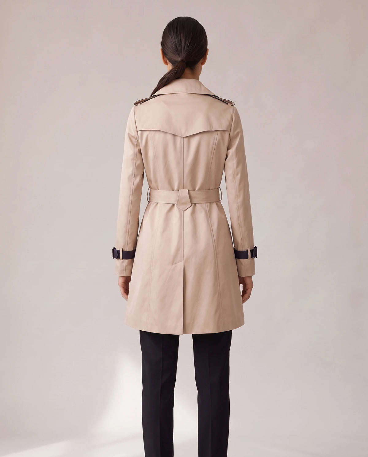 Women's Contrast-Trim Double-Breasted Trench Coat - Bridget - Model Back View