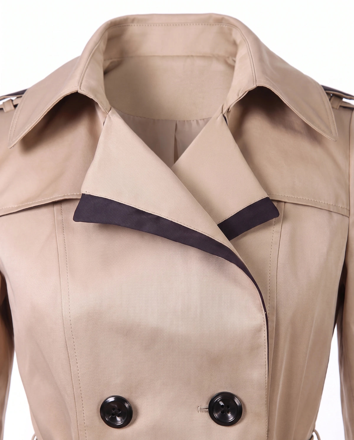 Women's Contrast-Trim Double-Breasted Trench Coat - Bridget - Detail Contrast Lapel