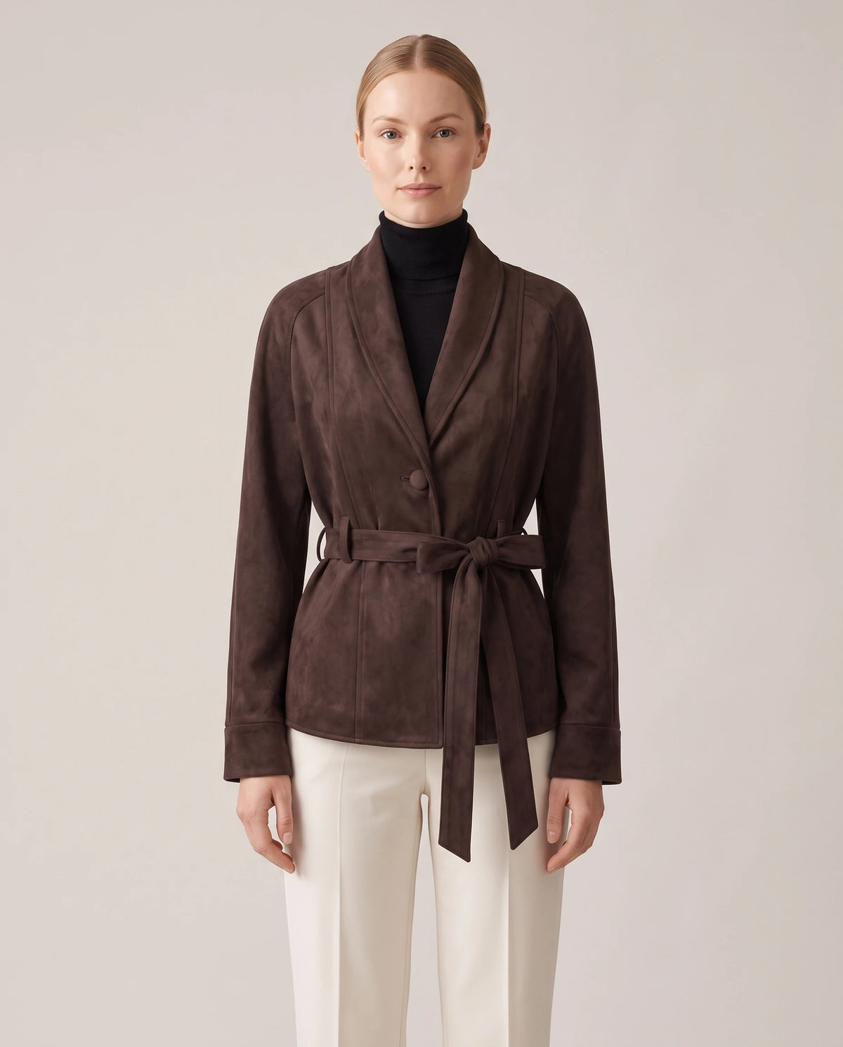 Women's Belted Faux Suede Wrap Jacket - Carmen - Model Front View