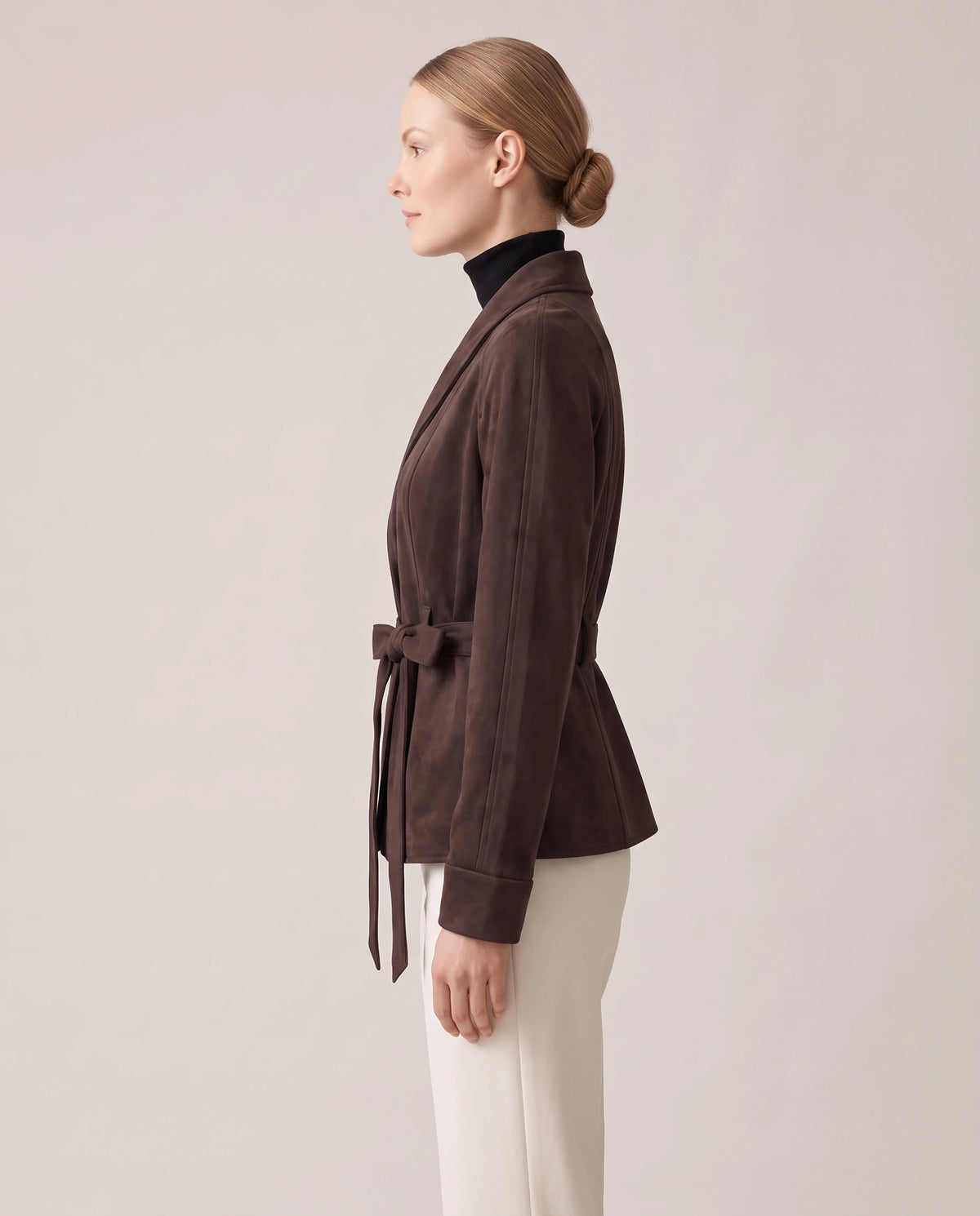 Women's Belted Faux Suede Wrap Jacket - Carmen - Model Side View