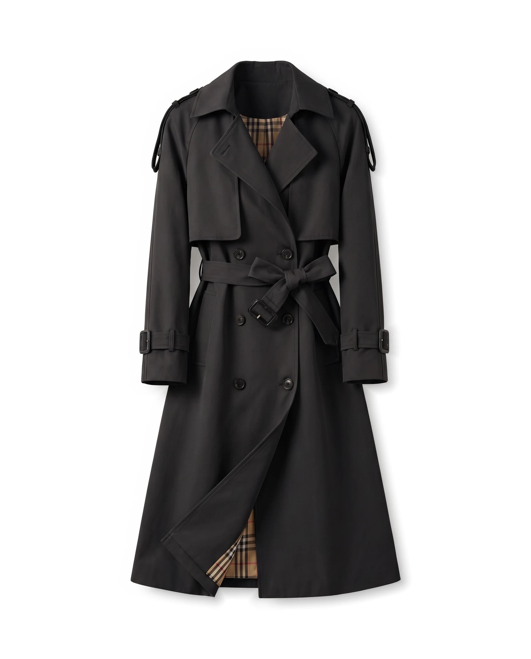 Women's Long Double-Breasted Belted Trench Coat - Francesca - Black