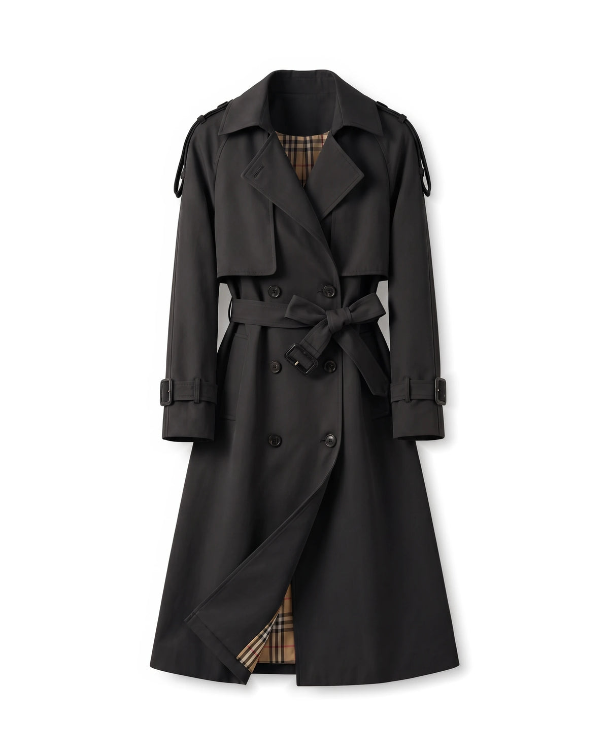 Women's Long Double-Breasted Belted Trench Coat - Francesca - Black