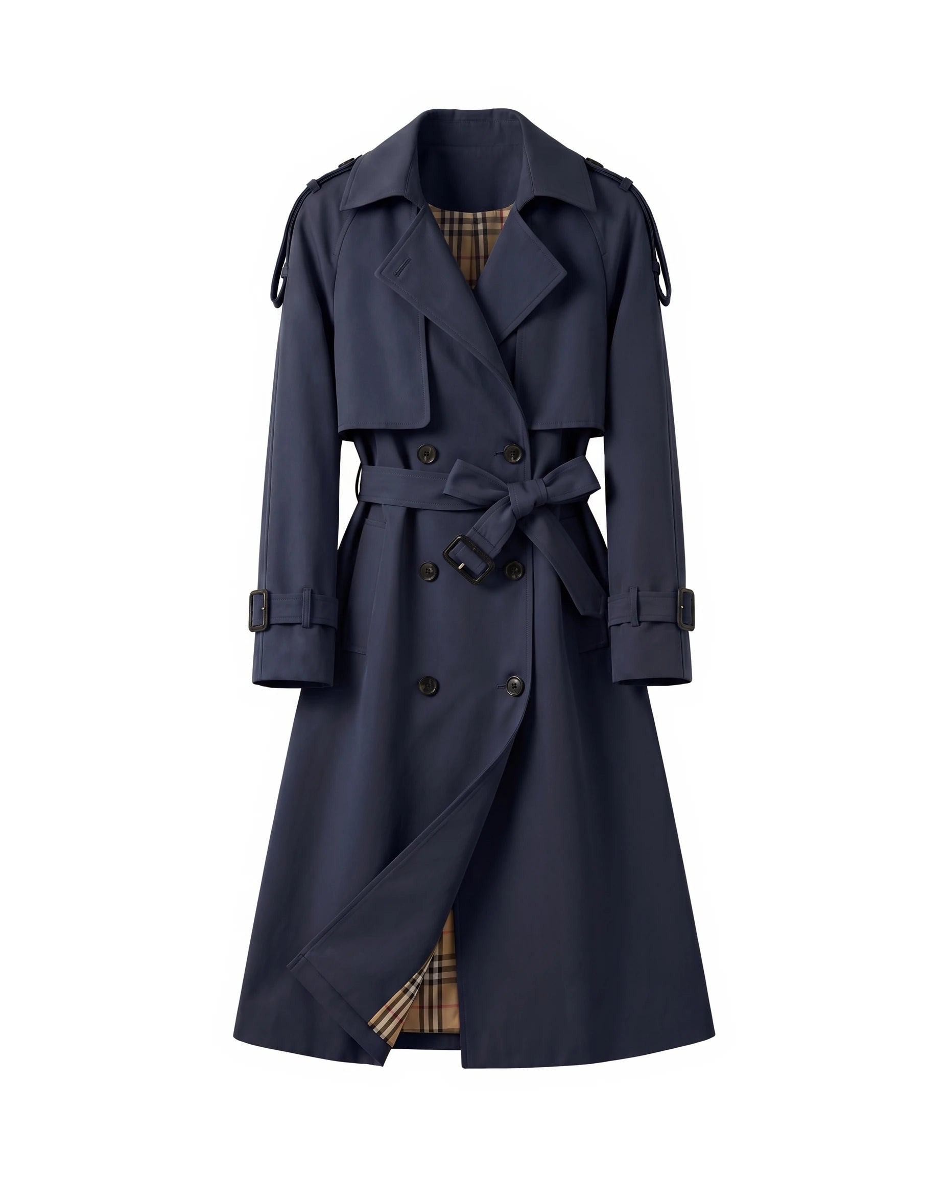 Women's Long Double-Breasted Belted Trench Coat - Francesca - Navy