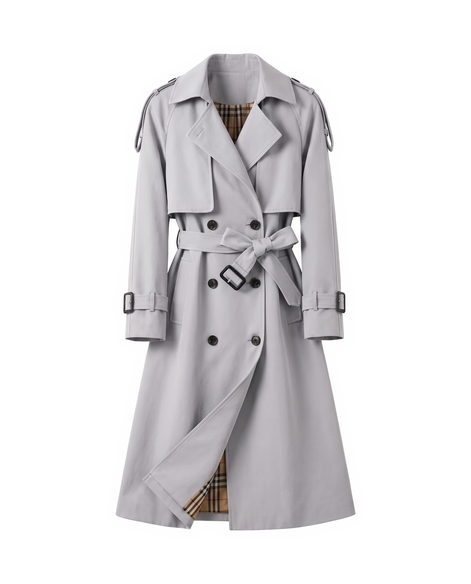 Women's Long Double-Breasted Belted Trench Coat - Francesca - Light Gray