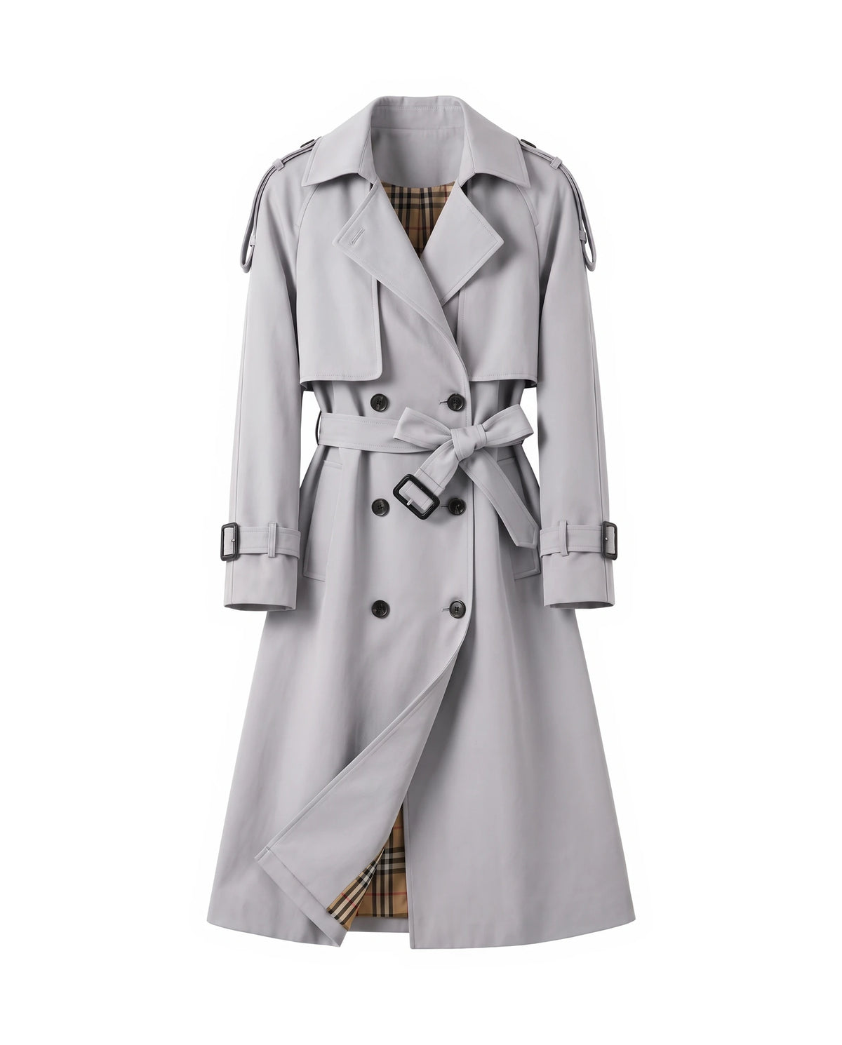 Women's Long Double-Breasted Belted Trench Coat - Francesca - Light Gray