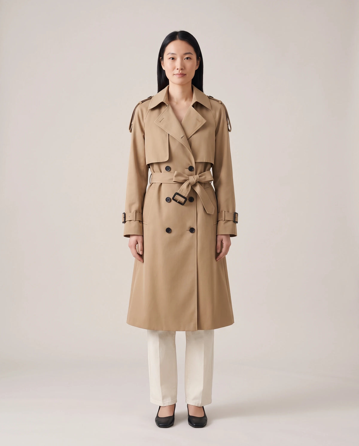 Women's Long Double-Breasted Belted Trench Coat - Francesca - Model Front View