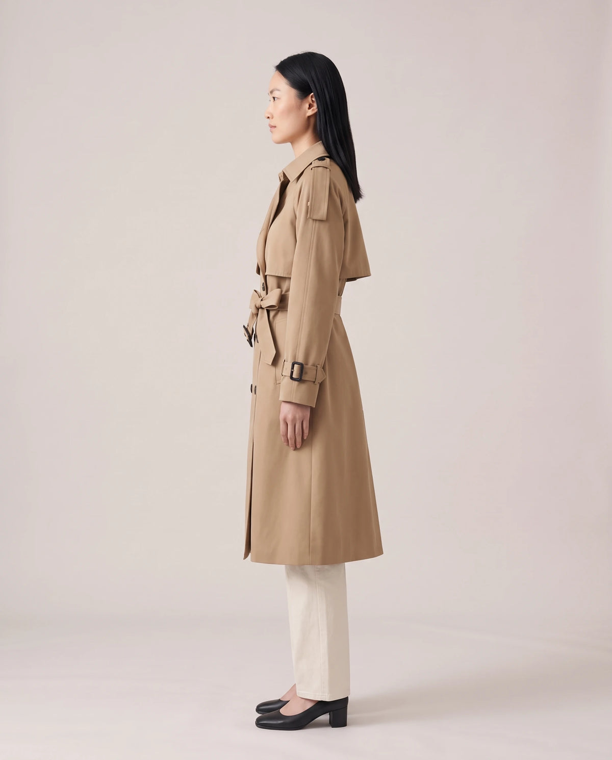 Women's Long Double-Breasted Belted Trench Coat - Francesca - Model Side View