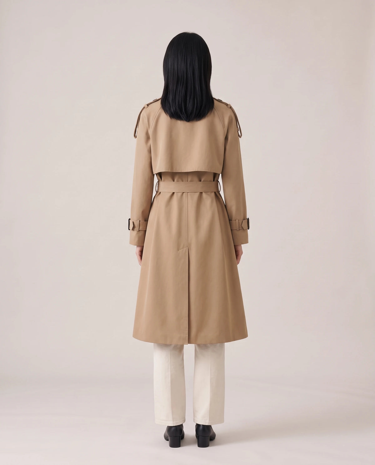 Women's Long Double-Breasted Belted Trench Coat - Francesca - Model Back View