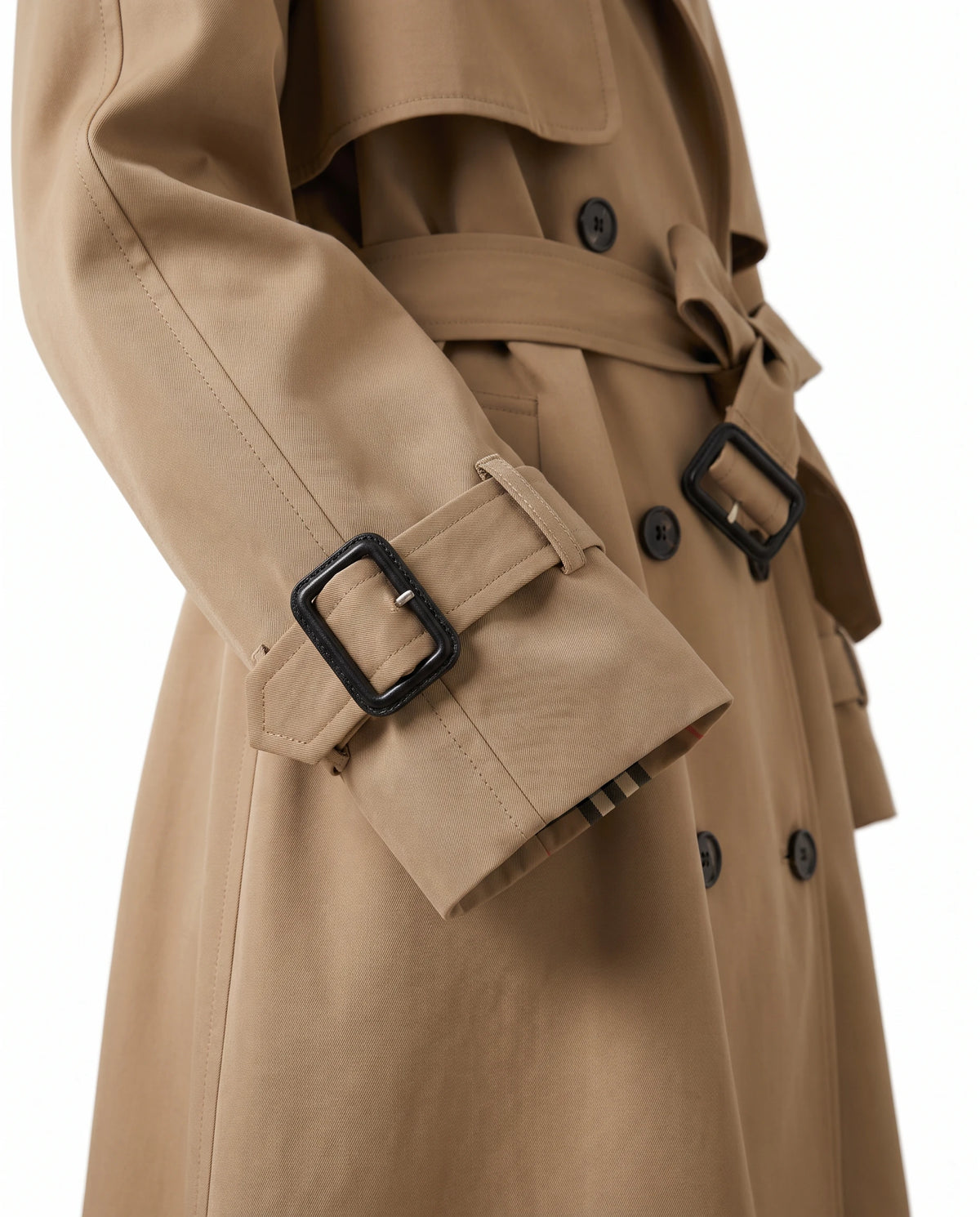 Women's Long Double-Breasted Belted Trench Coat - Francesca - Detail Cuff Strap