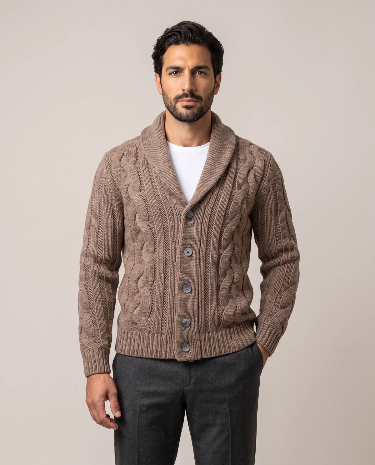 Men's Merino Wool Shawl Collar Cardigan - Jamal - Model Front View
