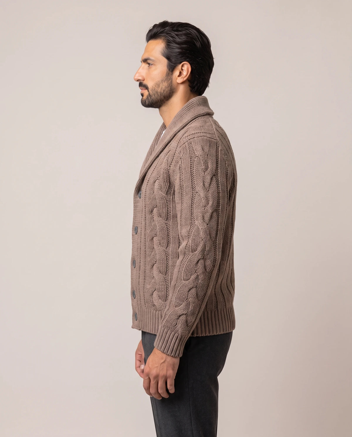 Men's Merino Wool Shawl Collar Cardigan - Jamal - Model Side View