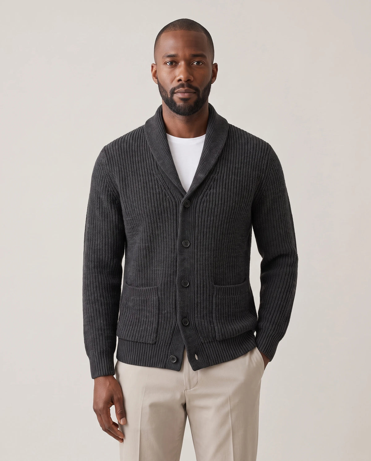 Men's Cashmere Shawl Collar Cardigan - Jermaine - Model Front View