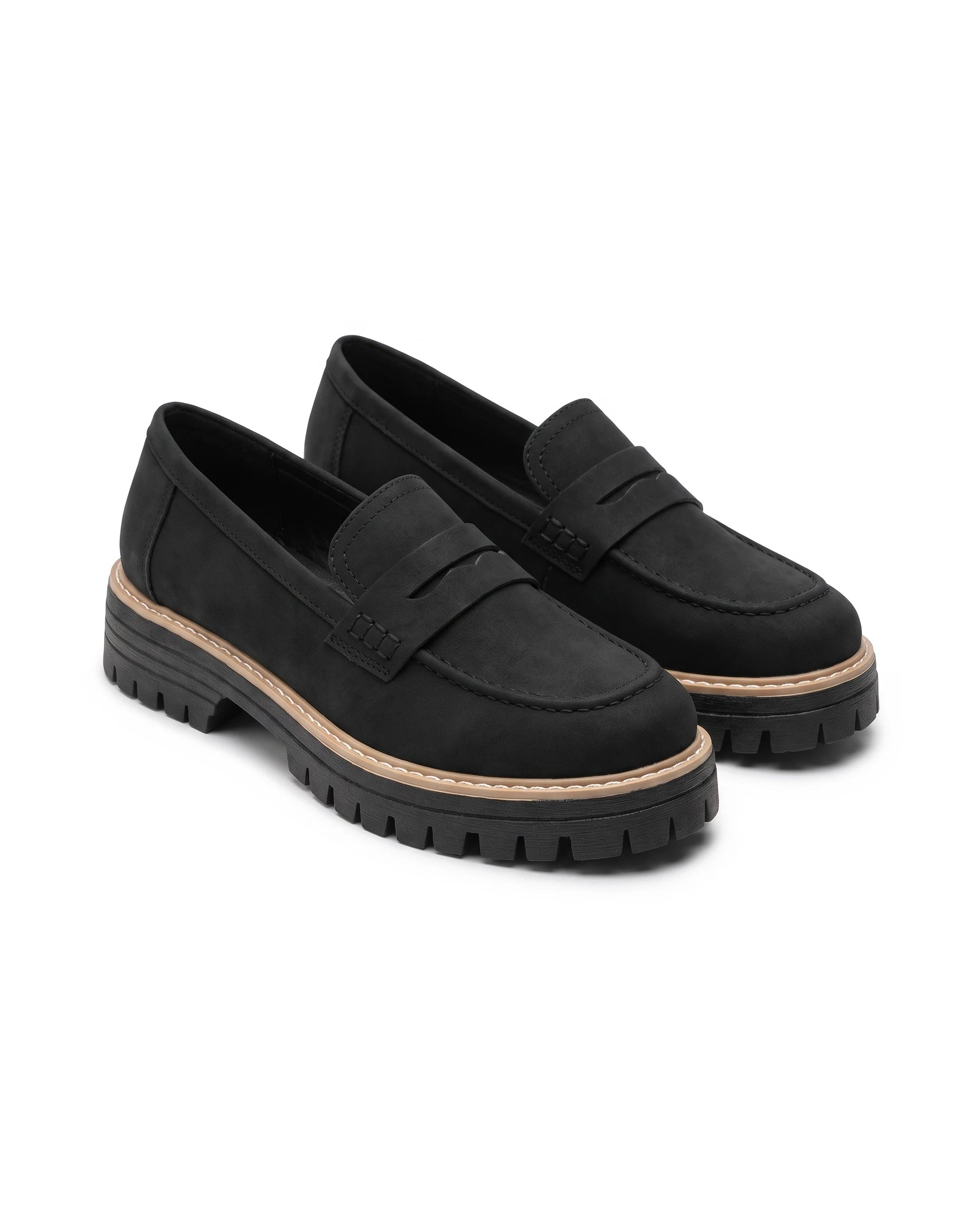 Women's Lug-Sole Penny Loafers - Jutta - Black