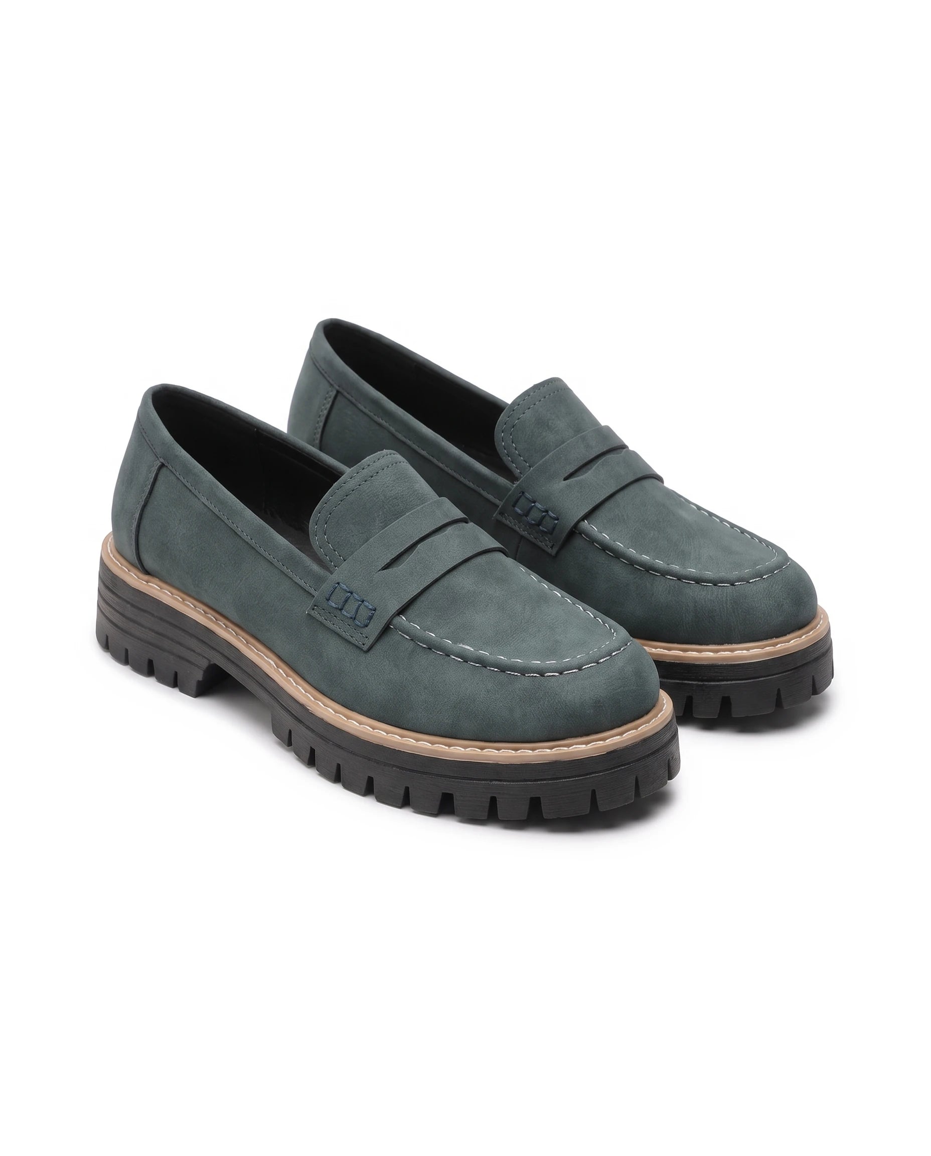 Women's Lug-Sole Penny Loafers - Jutta - Dark Green