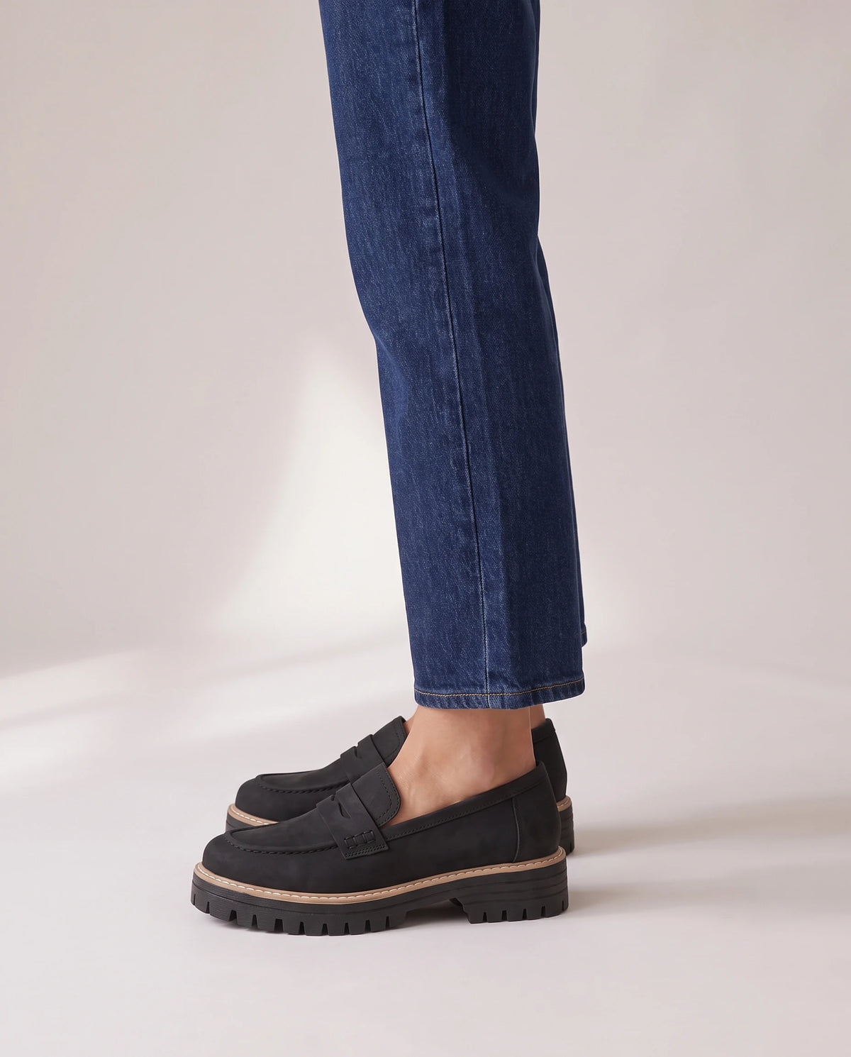 Women's Lug-Sole Penny Loafers - Jutta - Model Side Detail
