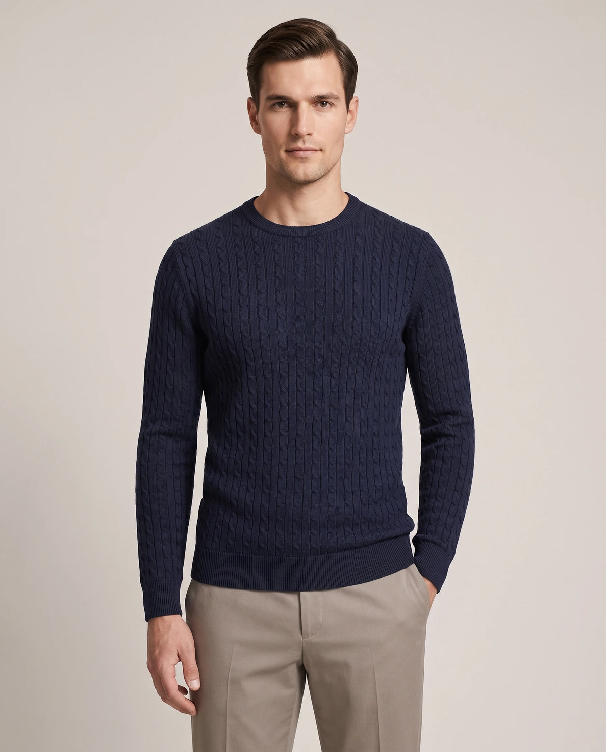 Men's Cable-Knit Crew Neck Sweater - Kade - Model Front View
