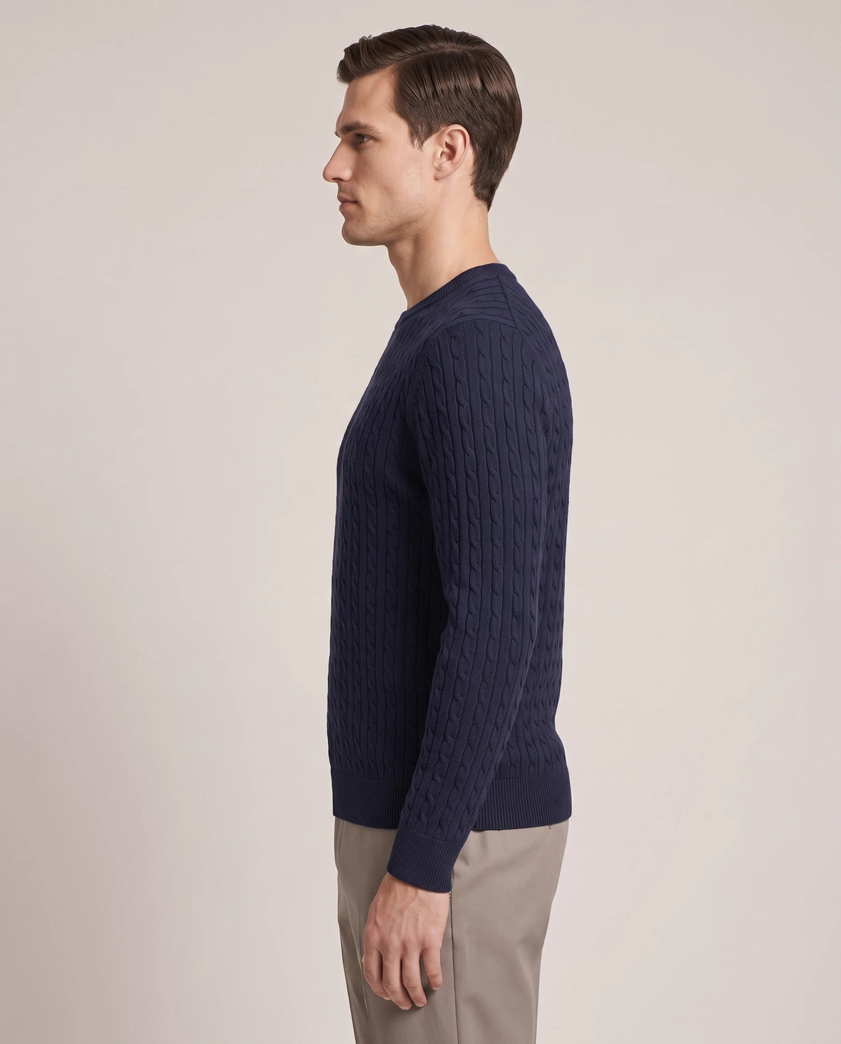 Men's Cable-Knit Crew Neck Sweater - Kade - Model Side View